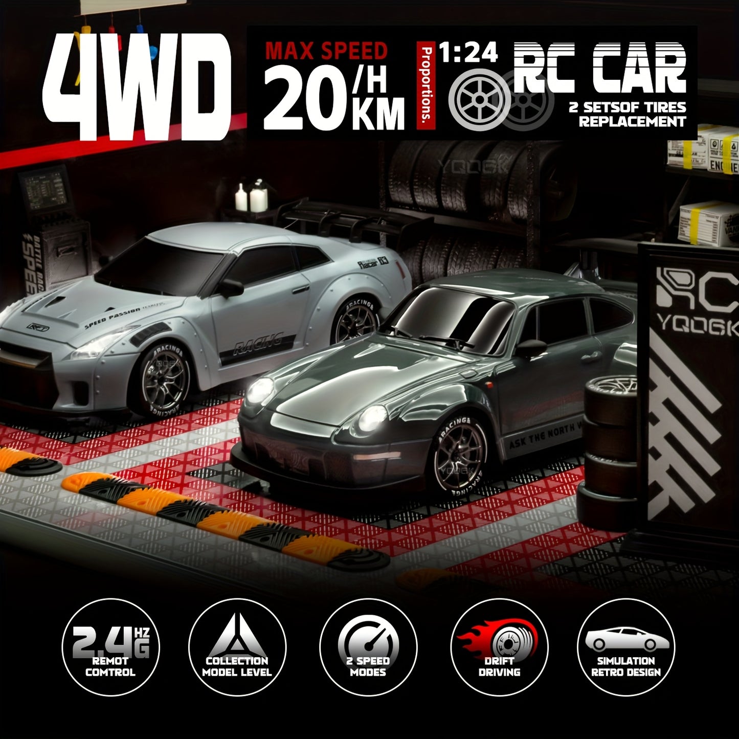 Remote Control Drifting Car, 1:24 Multicolored RC Car with LED Lights, a Gift for Boys And Girls for Birthdays, Halloween, And Christmas.